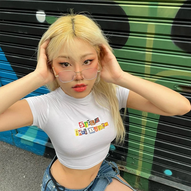 90s Harajuku printed T-shirt short sleeved tight top women's Y2K street wear exposed navel top