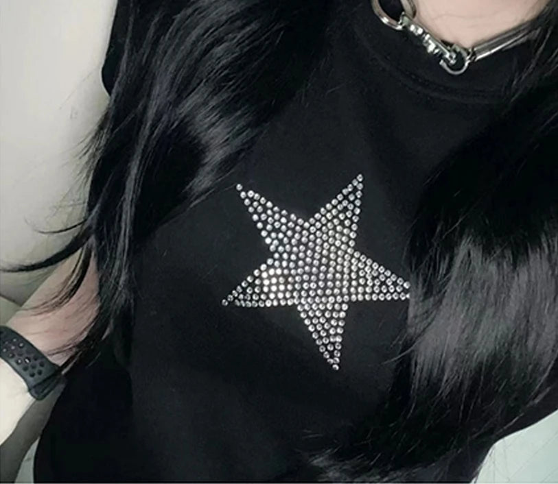 Estética Estrelas Strass Verão Harajuku T Shirt Top E-girl Gráfico Grunge Preto Crop Top Baby tee Gótico Y2K Streetwear EMO