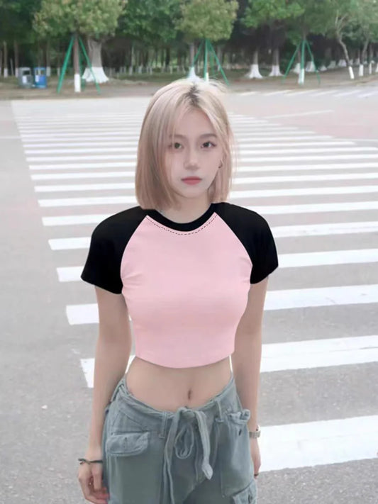 Solid Color Patchwork Short Style Kawaii Women Tops T-Shirt Clothes Crop Tees E-Girl Aesthetic Harajuku Round Neck Short Sleeve