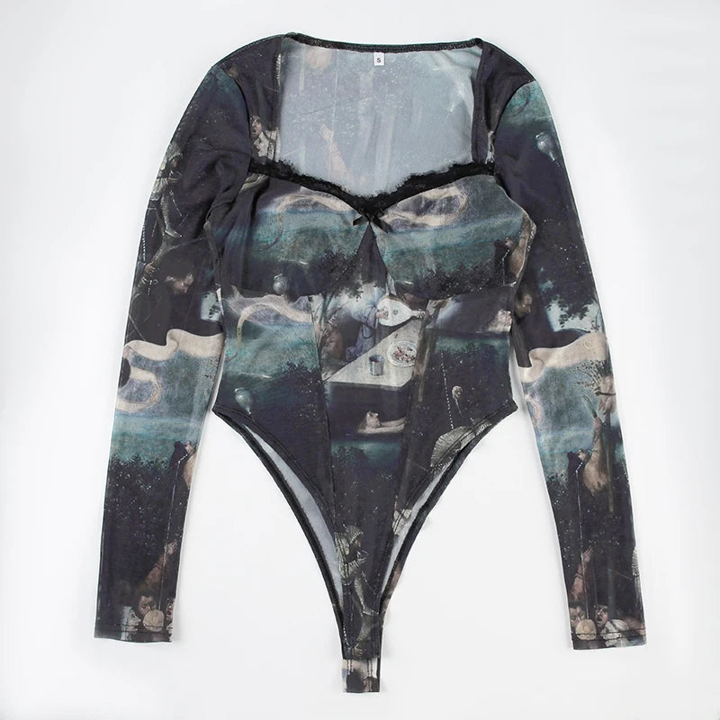 HEYounGIRL Bodysuit de malha transparente com estampa gráfica, manga comprida, sexy, feminino, vintage, Y2K, acabamento em renda, gola quadrada, macacão