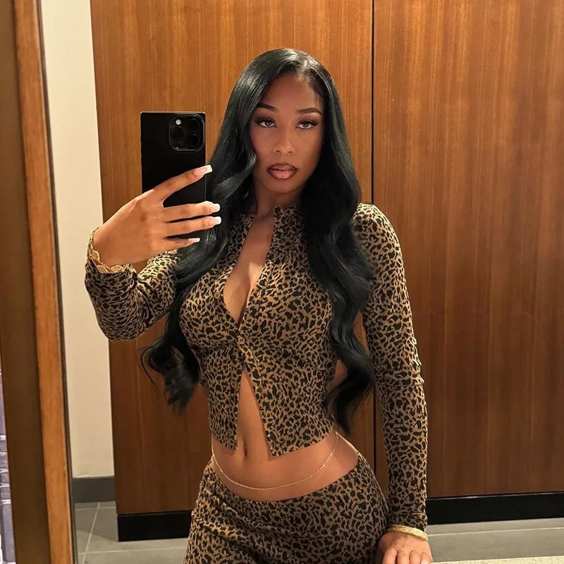 2024 Autumn Knitted Leopard Slim Casual 2 Piece Set Women Single Breasted Long Sleeve Crop Top Low Waist Skinny Pants Streetwear