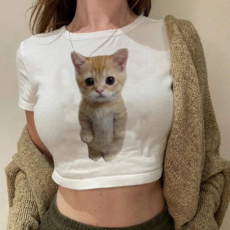 Women 2000s Sweet Funny Cat T Shirt Crop Top Women Shirt Cropped Ulzzang T-shirt 90s Tshirt Top Tee Female Gothic Shirt