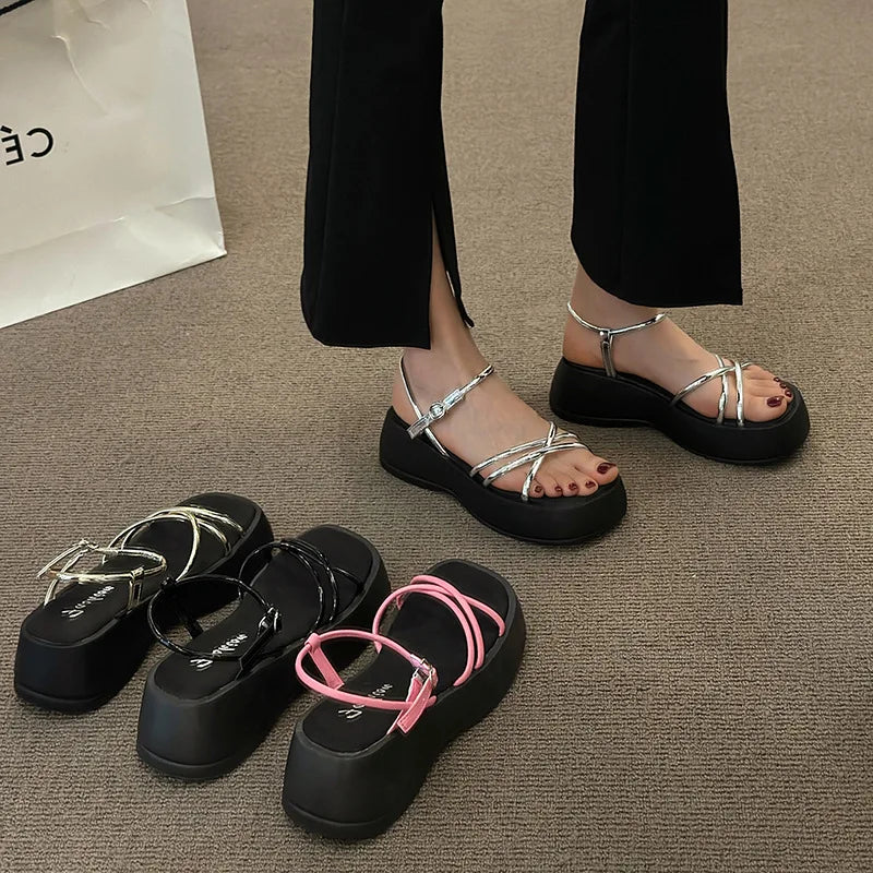 Beige Heeled Sandals Female Shoe 2024 Summer Open Toe Med Muffins shoe Ankle Strap Black Girls Clear Peep New Fashion Medium Gla