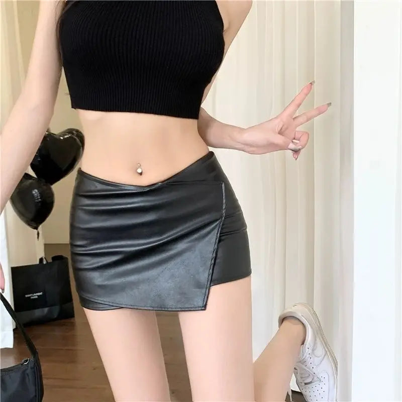 Trend Sexy Solid Color PU A-line Skirt Women Clothes Temperament Fashionable Elasticity Skirts Ladies Simplicity Black Skirt