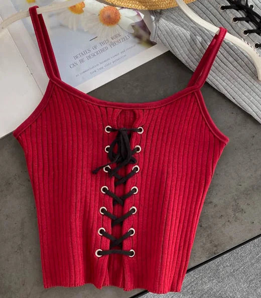 Women Y2K Bandage Crop Tops Drawstring Straps Knitted Camisole Cute Tank Crop Tops Solid Sexy Tops For Women 2024 Summer