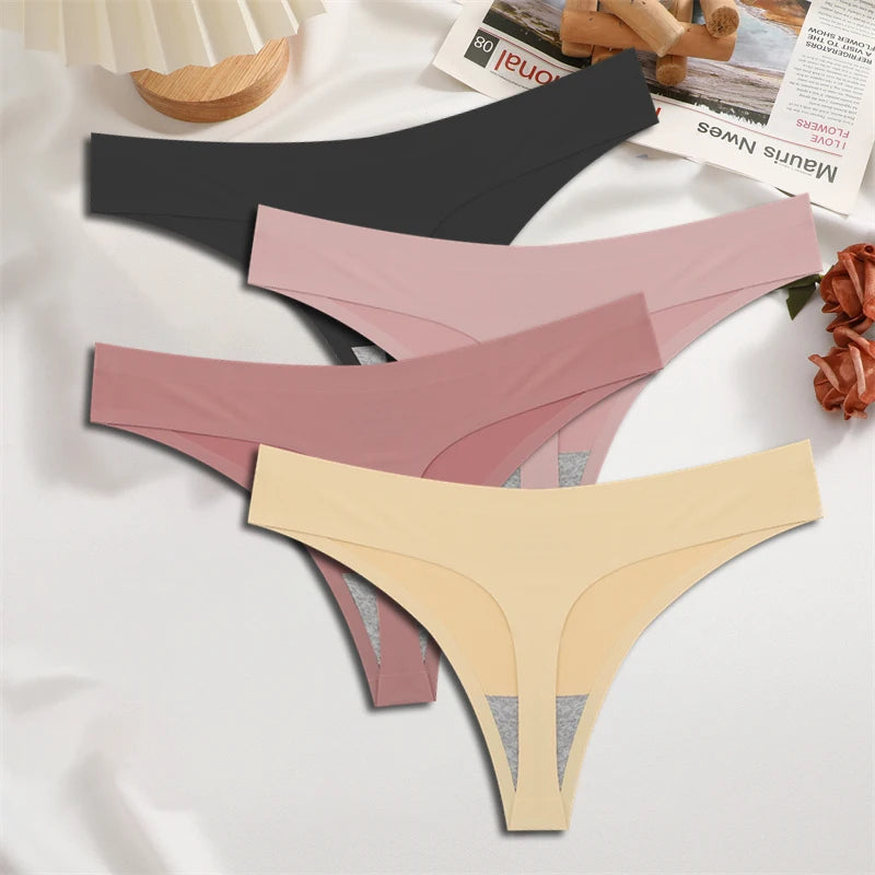 FINETOO 4PCS Silk Satin Seamless Underwear Low Waist Thongs Sexy Solid Color Bikini Underpants Female Stretch Intimates Lingerie