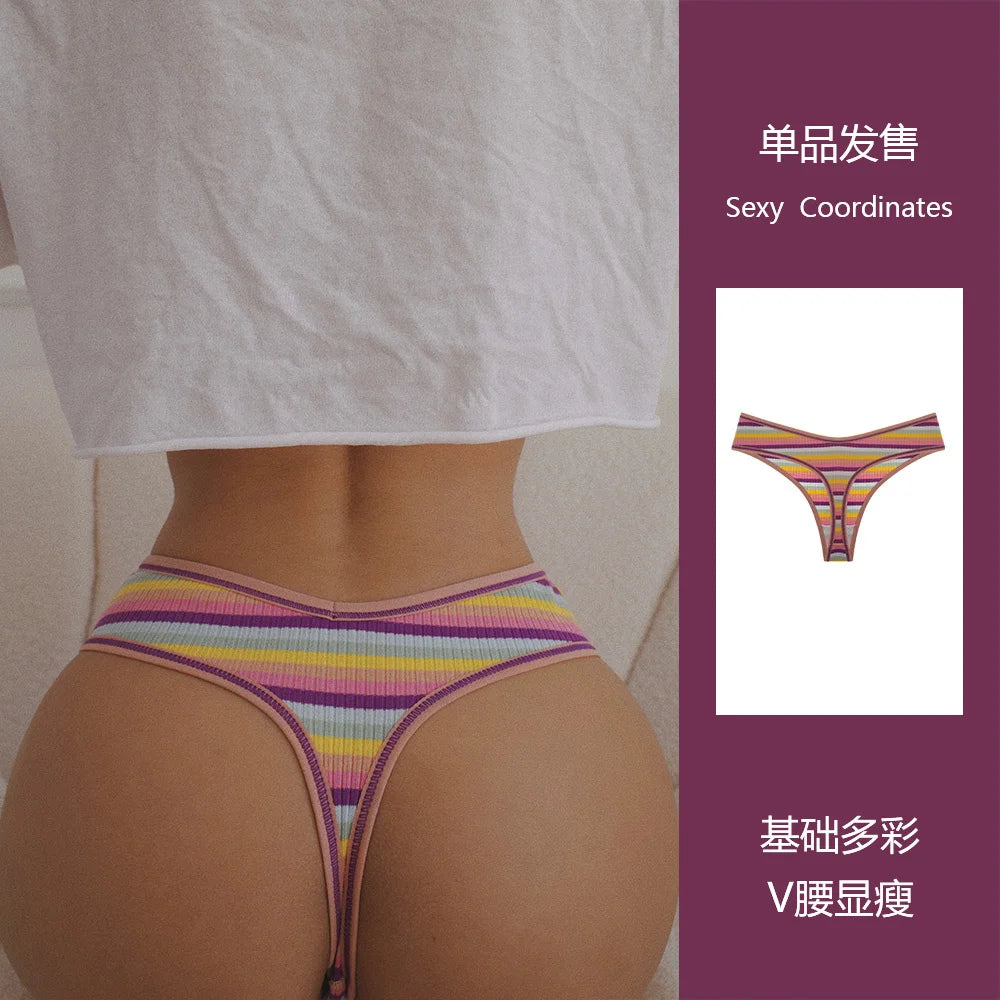 SP&CITY Rainbow Striped Cotton Thongs Sports Low Waist Sexy Fitness Underwear Breathable Panties Comfortable Seamless Briefs