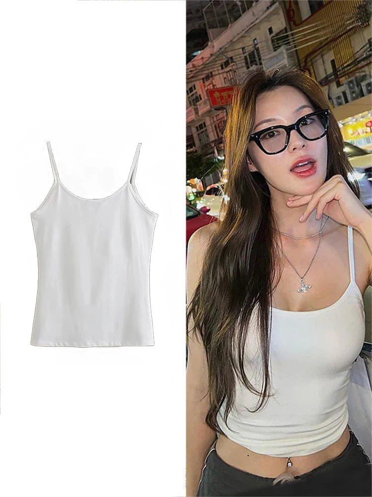 ZABA Women Spaghetti straps Stretch Sleeveless Inner Basic Tank Top Sexy Slim Suspenders Vest O Neck Casual Solid Colour Top