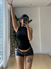 Camiseta feminina sem mangas, gola semi-alta, temperamento, verão, picante, justa, lisa, justa, curta, lazer, versátil B72F