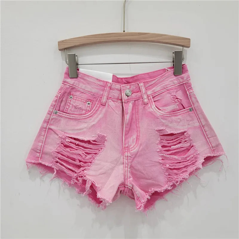 Street Style Ripped Denim Shorts Sexy All-Matching Wide Leg A- Line Frayed Ultra Short Hot Pants Jean Shorts Women Clothing