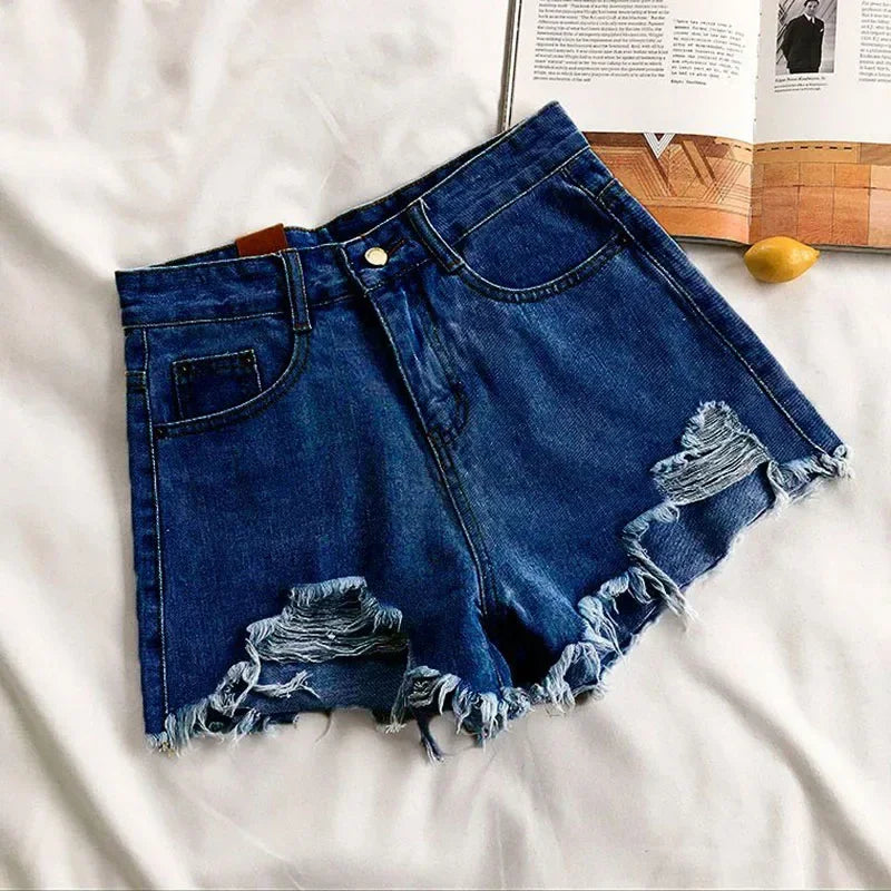 Moda Distressed Edge Cintura Alta Street Wear Mulheres Perna Larga Calças Quentes Verão Novos Shorts Jeans Casuais Femininos Estilo Coreano