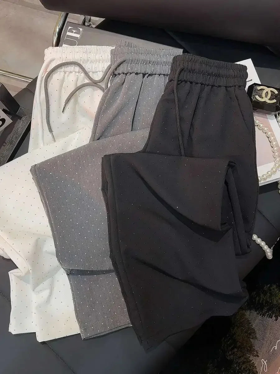 Verão Novas Mulheres Calças Diamante Reta Cintura Alta Casual Cordão Cintura Elástica Pantalones Beading Preto Calças Retas