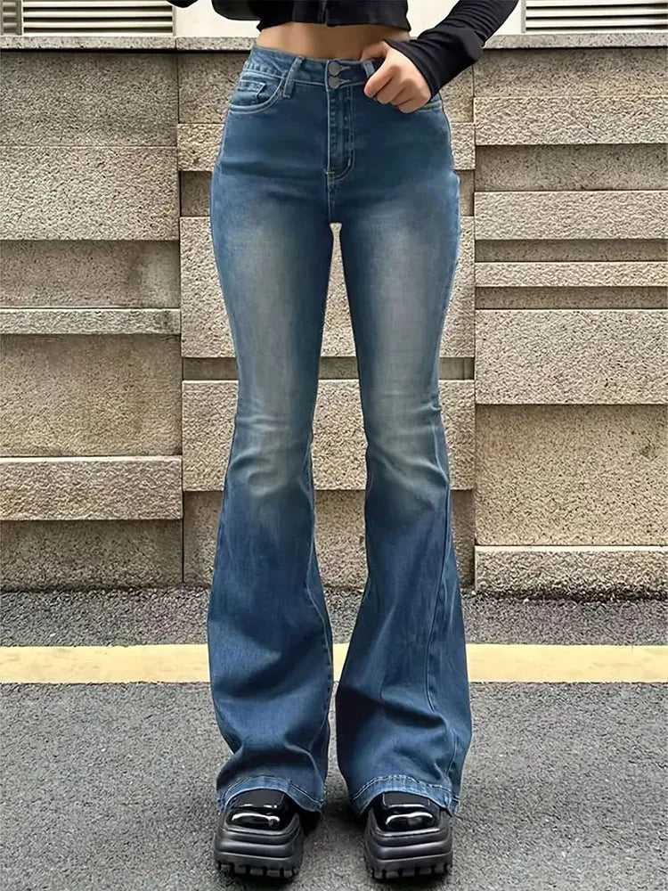 Women Flare Stretch Moustache Jeans Fashion Skinny Bell Bottom High Waist Gray Denim Pants Lady Classic Y2K Punk Long Trousers