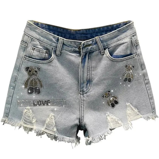 Women's 2024 Summer New High Waist Little Bear Hot Diamond Shorts with Broken Hole Ragged Edge Denim Shorts Female Streetwear