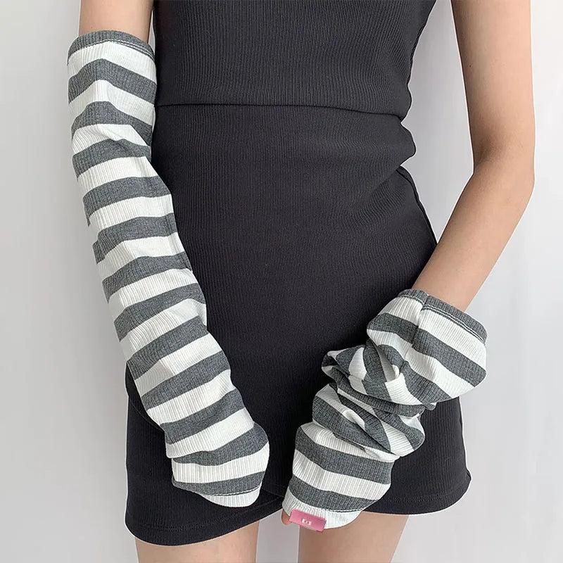 Women Striped Sunscreen Sleeve Summer Driving Riding Oversleeve Punk Gothic Fashion Loose Arm Warmer Outdoor Cuff Sleeve