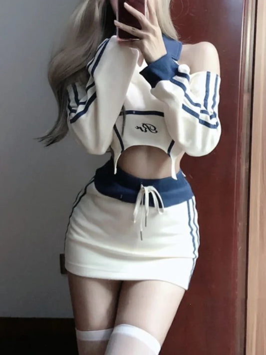 Autumn Sexy Spice Girls 2 Piece Set Women Casual Sports Design Sense Suit Women Short Off-the-shoulder Tops + High Waist  Skirt