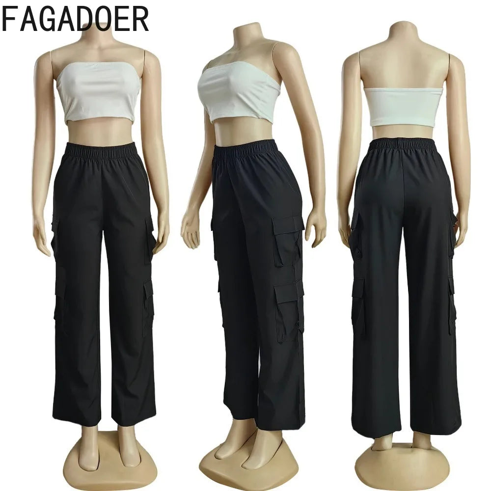 FAGADOER Black Casual Solid Color Pocket Straight Cargo Pants Women Elastic High Waist Slim Trousers Female Sporty Bottoms 2024