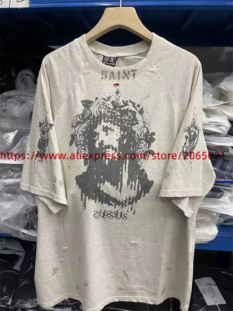 Jesus Graffiti print Saint T Shirt Men Women Retro Gray Washed T-Shirt Tee Tops