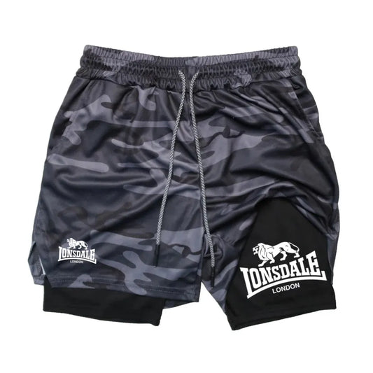 Estampa 2 em 1 Shorts de Corrida para Homens Academia Treino Shorts de Compressão com Bolso para Telefone Toalha Loop Verão Esporte Atlético Activewear