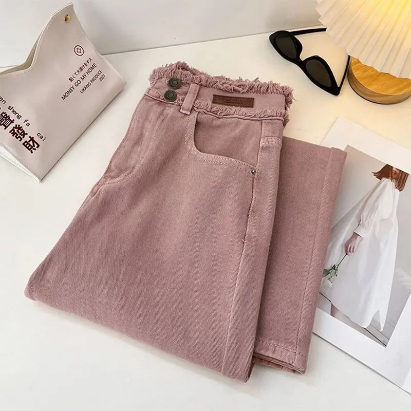 Jeans rosa estilo coreano feminino primavera outono cintura alta borda crua calças jeans retas simples suaves calças largas combinadas