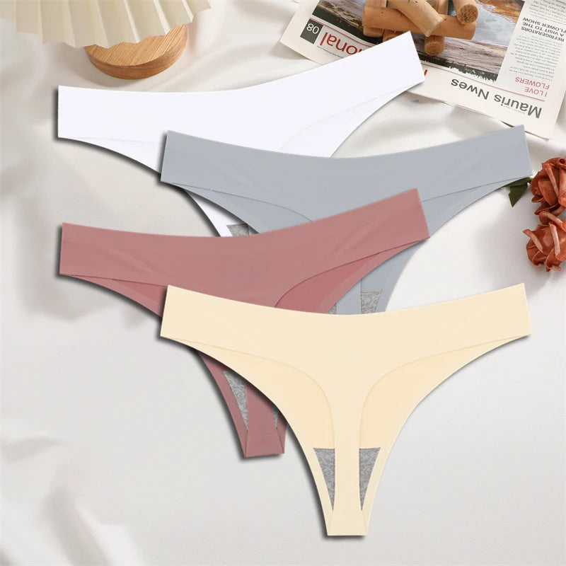 FINETOO 4PCS Silk Satin Seamless Underwear Low Waist Thongs Sexy Solid Color Bikini Underpants Female Stretch Intimates Lingerie