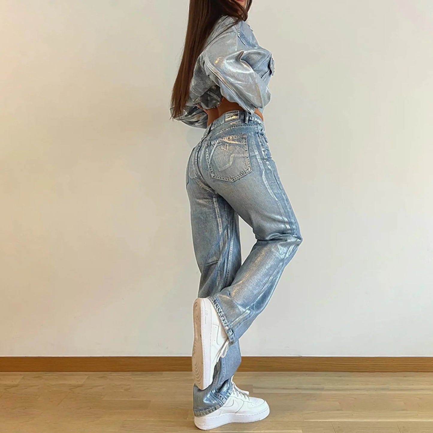 Silver Coated High Waist Straight Jeans Women Fashion Basic Long Pants Women's Denim Pants Casual Trousers Korean Streetwear