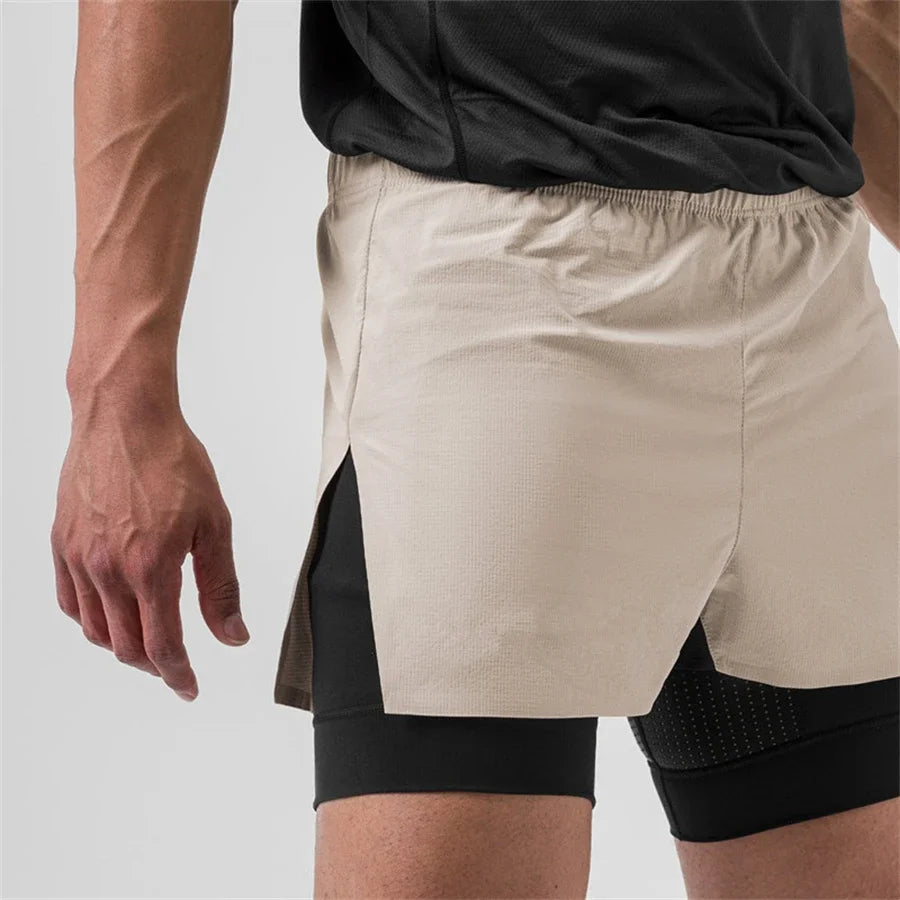 calças de moletom Treino de academia Novos shorts para o verão 2 em 1 Shorts de corrida masculinos de praia de secagem rápida