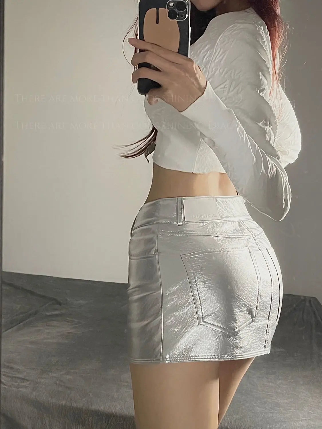 Design High Waist Short Skirt Women's Silver Pu Leather Skirt