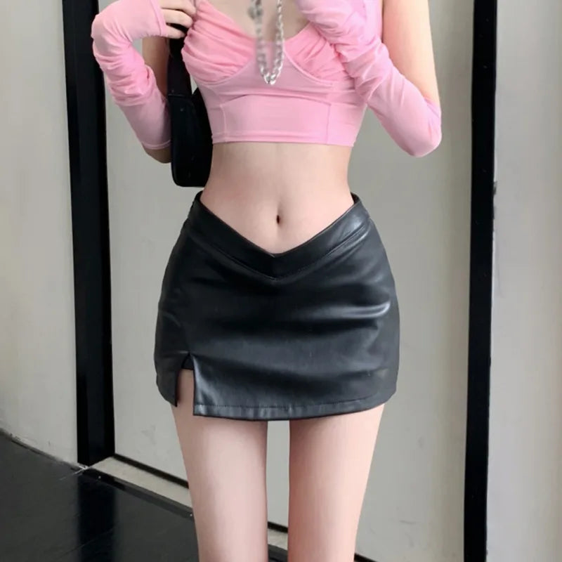 2024 New Sexy Short Skirt PU Leather High Waist Skirt Slim Fit Sexy Split with Liner Retro Short Skirts Spicy Girl Short Skirt S