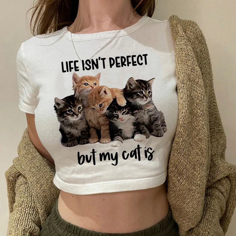 Women 2000s Sweet Funny Cat T Shirt Crop Top Women Shirt Cropped Ulzzang T-shirt 90s Tshirt Top Tee Female Gothic Shirt