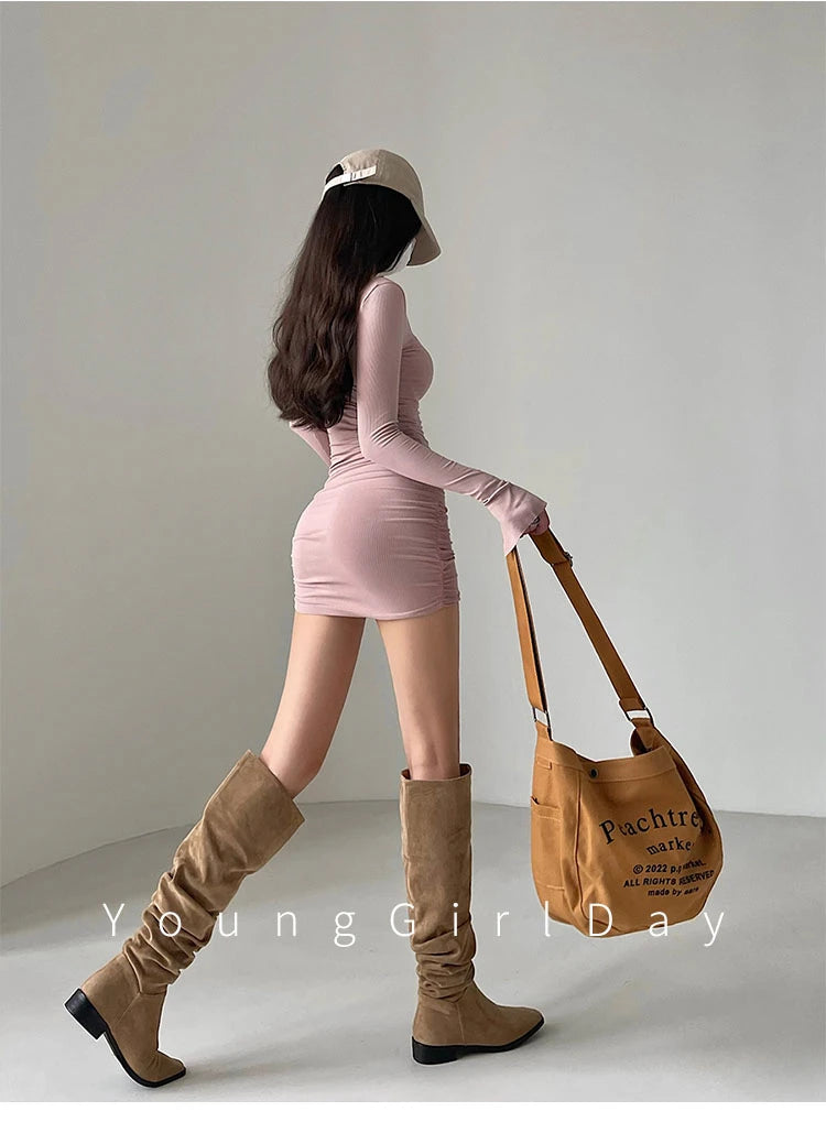 Y2k Korean Fashion Dress Woman Autumn V-neck Mini Sexy Bodycon Black Pink Purple Pary Dresses Women Vintage Cute Clothes