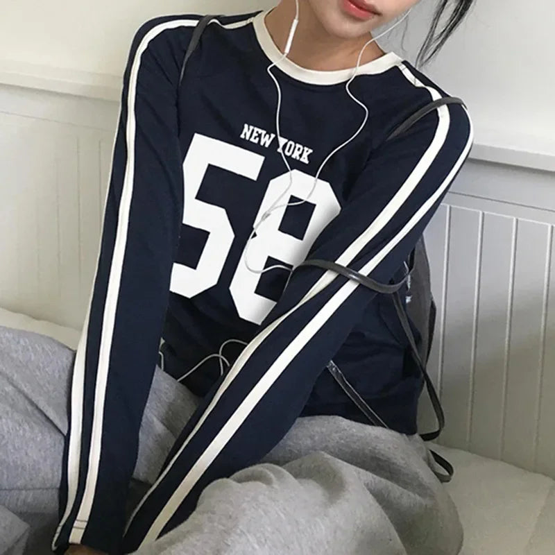 Letter Vintage Y2k Tshirt Women Harajuku Streetwear Grunge Japanese 2000s Long Sleeve Round Neck T-shirts Korean Fashion Tops