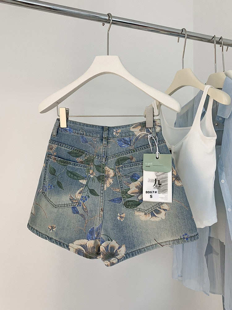 Guofeng Retro Print High Waist A- line Denim Shorts