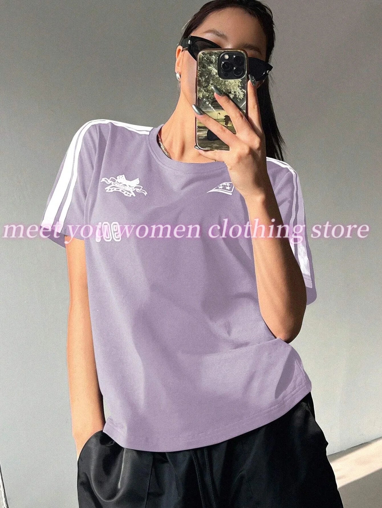 Summer 90s Bow stripe Print  t-shirt Y2K Hot Girl Clothes Women O-neck Short Sleeves Polyester Tops Oversized female Clothing