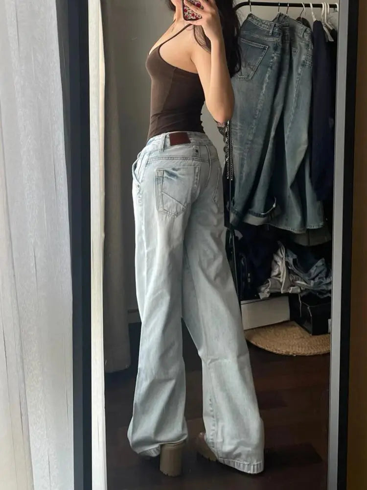 Internet Celebrity's Retro Washed Denim Pants for Women's Summer 2025 New High Waisted Draped Straight Leg Long Wide Leg Pants