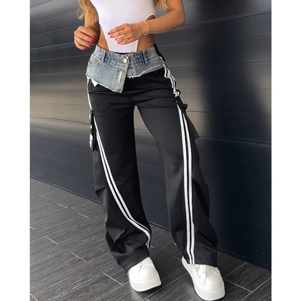 Fashionable Women Denim Patchwork Side Pocket Patchwork Loose Trousers Splicing Sweatpants Wide Leg Straight Hip Hop Pants