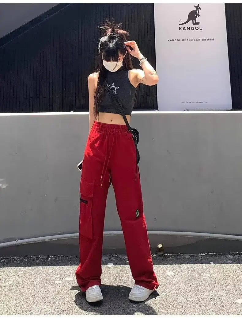 Casual Red Color Women Y2k Street Hip Hop Sweatpants Oversized Trousers Vibe Dance Jazz Long Baggy Cargo Pants Women's Clothing