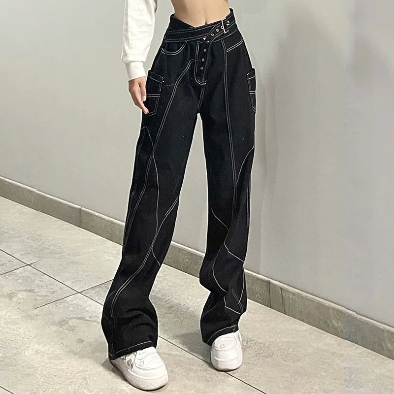 2025Women's New Style Personality Design Sense Topstitched Straight Pants Loose Wide-leg Floor-length Pants Low