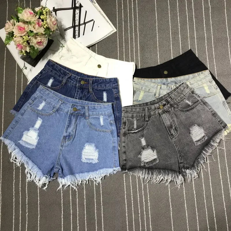 New Shorts Female Casual High-waisted Denim Shorts Female Summer Pocket Tassel Ripped Ripped Jeans Female Short Style Soft