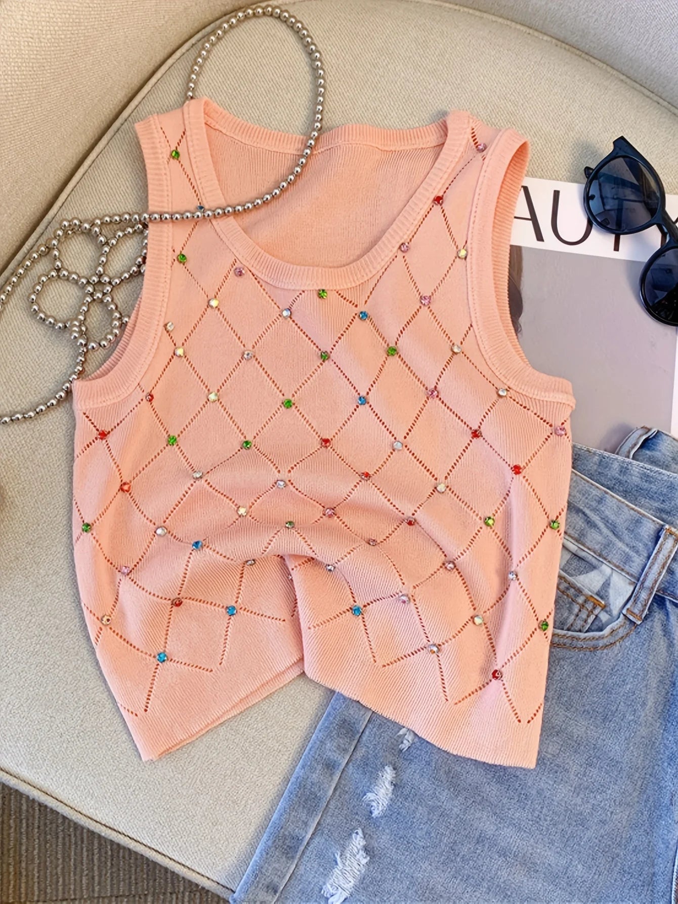 Colorful Rhinestone Knitted Tank Top Casual Crew Neck Sleeveless Tank Top For Summer  Women's Clothing Crop Top Camis