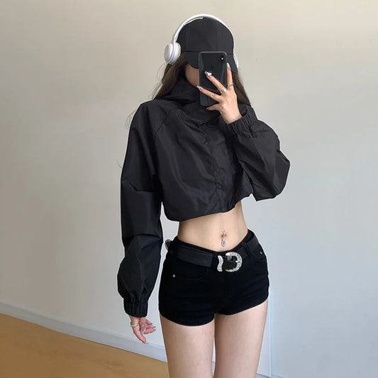 Khaki Hooded Cargo Cropped Jackets Buttons Up Zipper Short Coat Women Outdoor Pink Black Windbreaker Tops Korean Streetwear Y2K