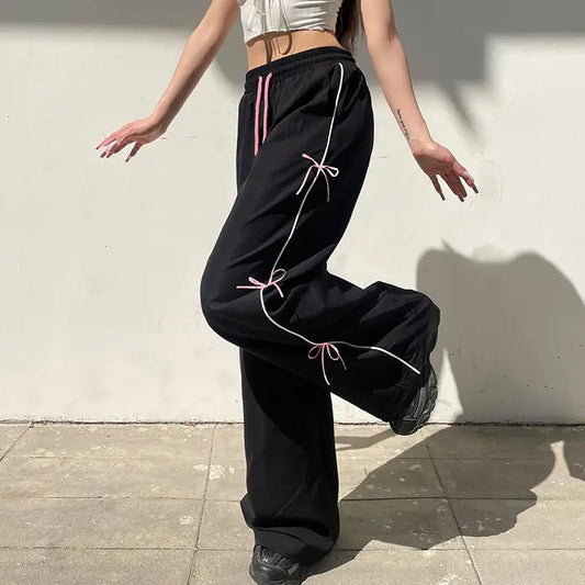 Quick-drying thin bow lace-up elastic waist woven pants women's all-in-one high waist wide leg straight trousers