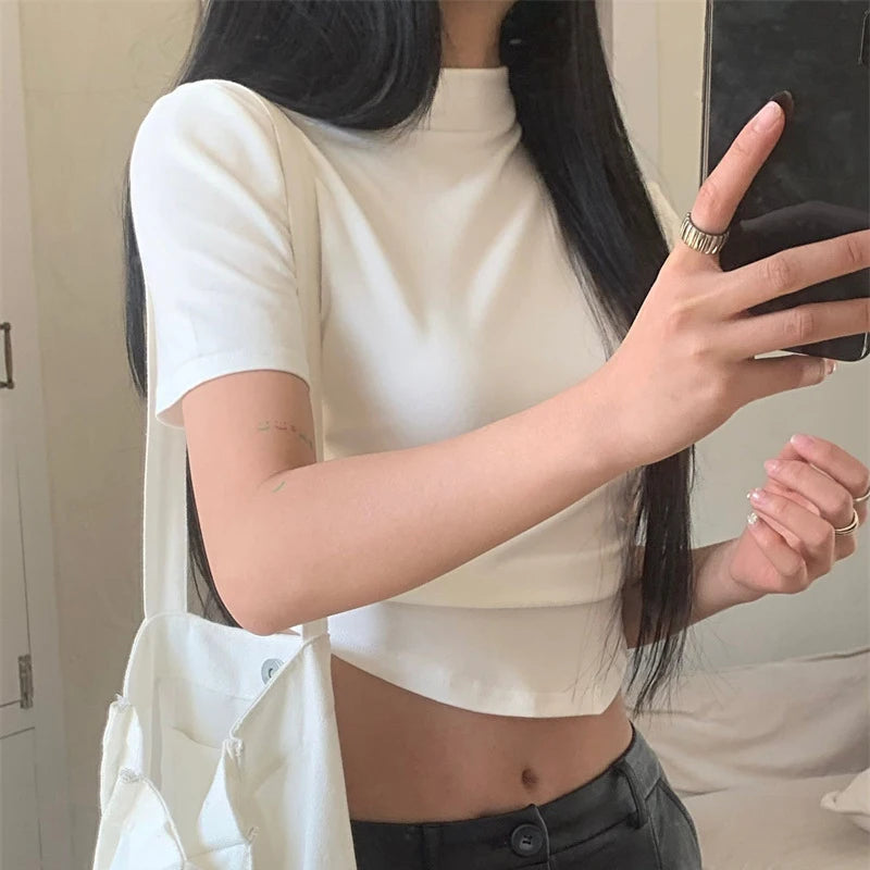 Korean Womens Short Sleeve Turtleneck Tops Summer Slim Fit Sexy Basic Crop Top Women's Causal Basics High Neck Y2K Tops Clothes