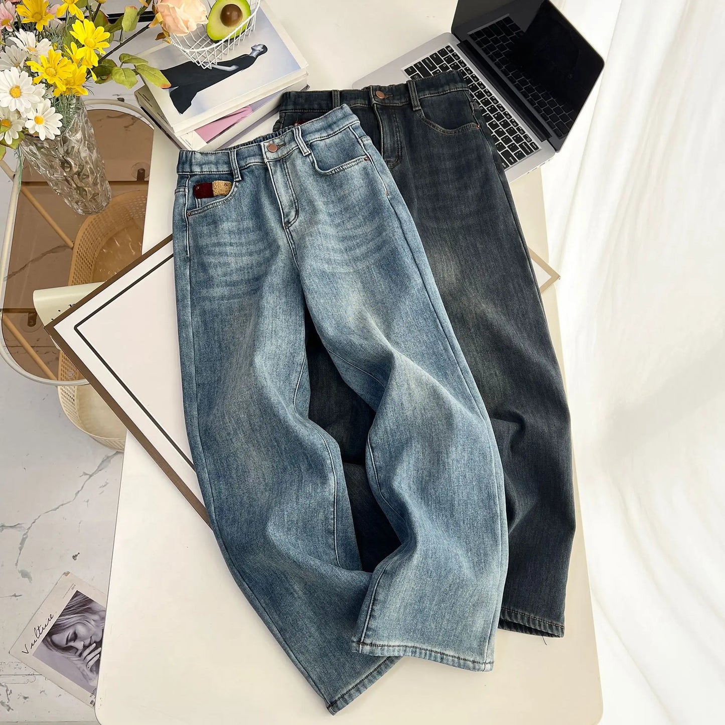 3XL 4XL Plus Size Women's Fleece-lined Jeans Winter Simple Casual Thicken Denim Straight Leg Full Length Pants 6557