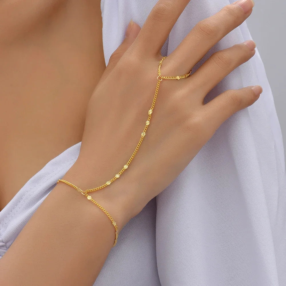 Dainty Hand Chain Bracelet Ring Gold Plated Handmade Link Chains Connecting Harness Bracelets Hand Jewelry for Women Trendy Gift