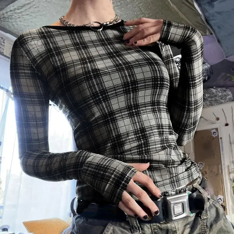 Black See Through Plaid Graphic Print T Shirts Women Y2k Mesh Crop Top Long Sleeve Tees Female Aesthetic Feminist Shirt