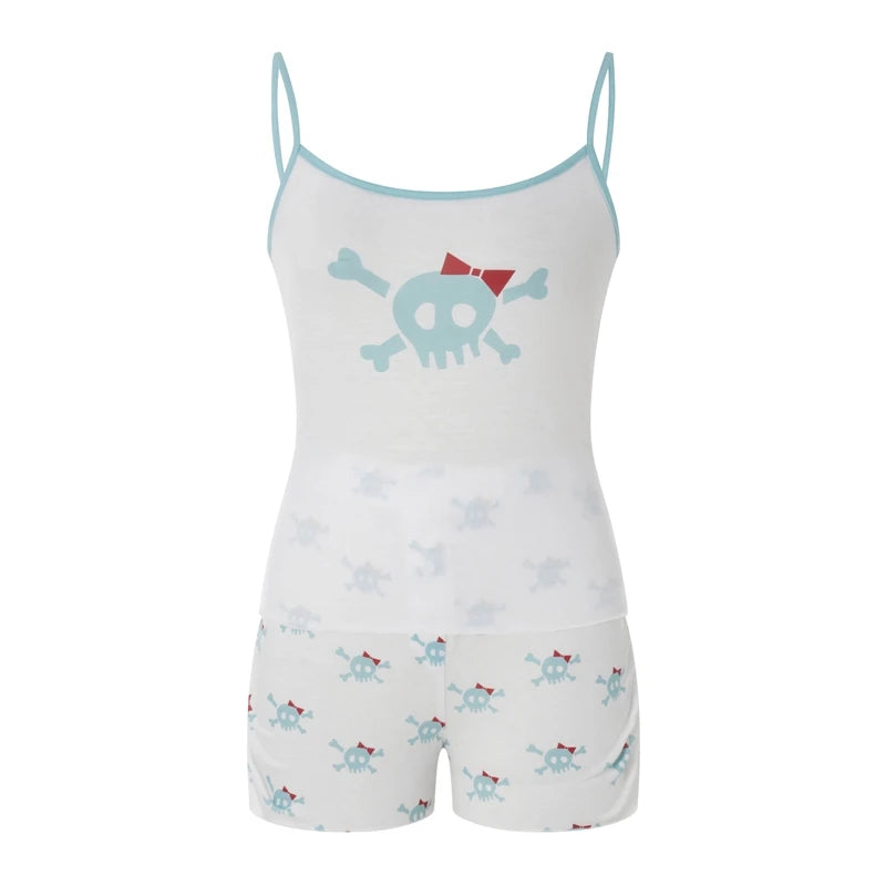 Maemukilabe Fairy Y2K 00s Vintage 2 Peças Kawaii Skull Print Pijama Set Adorável Cami Branco + Mini Shorts Grunge Coquette Lounge