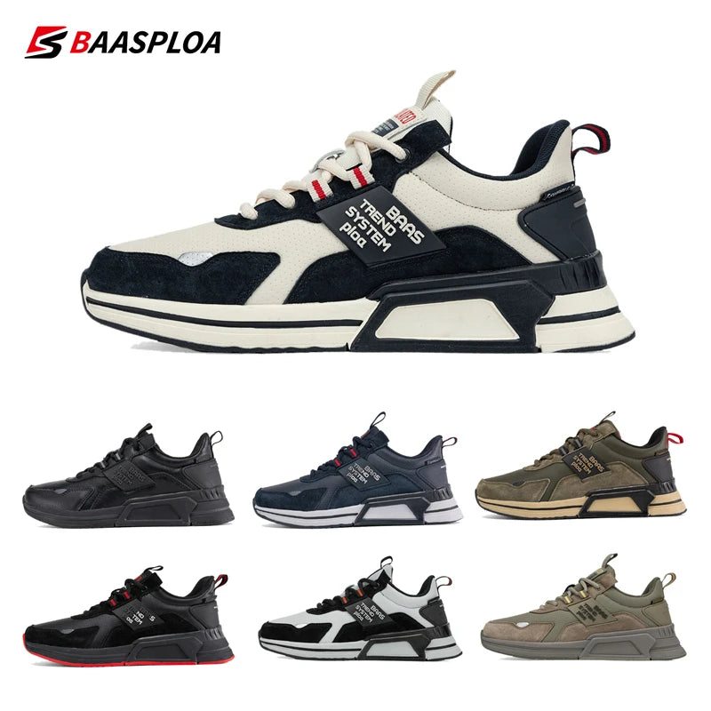 Baasploa Men Leather Shoes Walking Shoe Waterproof Casual Sneakers Non-slip Wear-resistant Running Shoes Breathable Lightweight