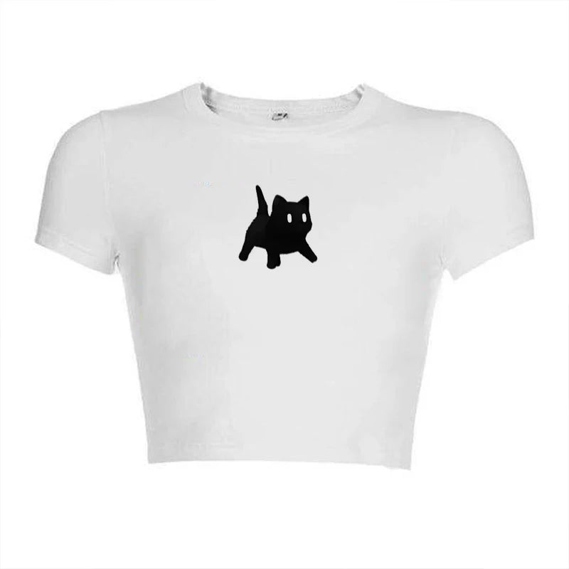 Vintage Cat Print Women Casual Baby Tee Streetwear Aesthetic Short Sleeve T-Shirt Y2k Clothes Gothic Emo Girl Croped Tops