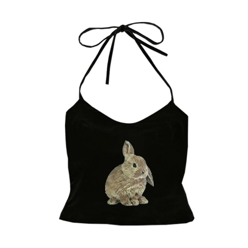 Cute sweet aesthetic Y2K women's sleeveless camisole streetwear casual punk rabbit pattern print vintage Harajuku summer shorts